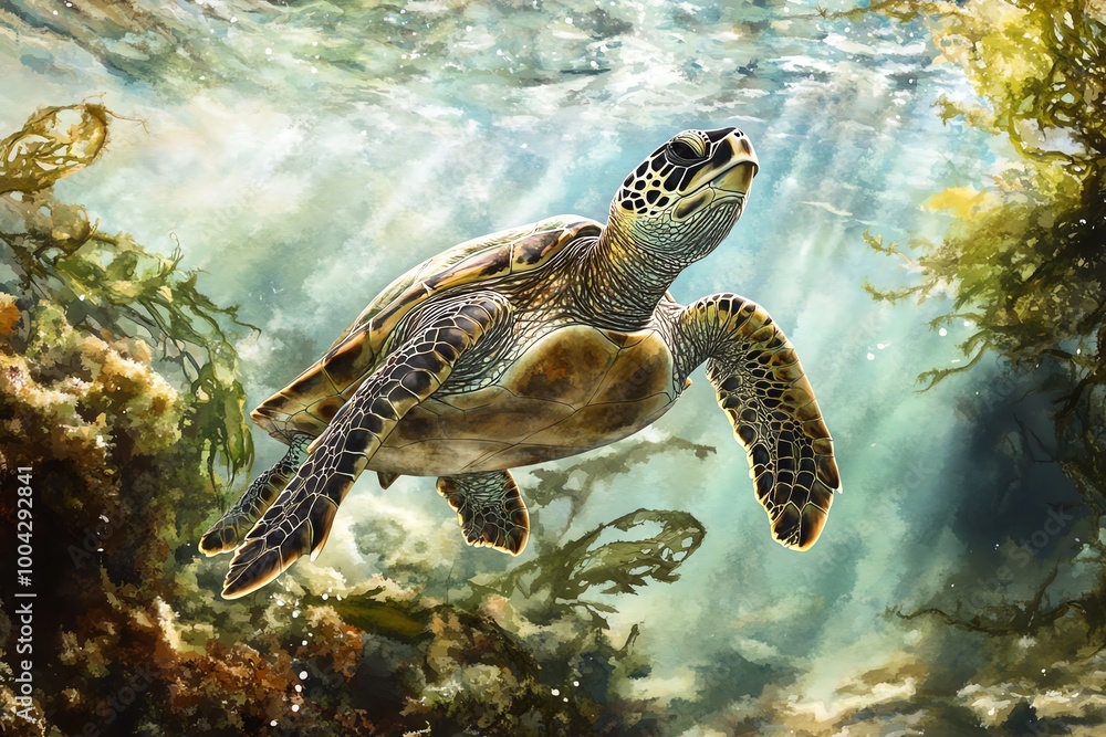 Fototapeta premium A majestic turtle gliding through crystal clear water, surrounded by vibrant seaweed and captivating rays of light.
