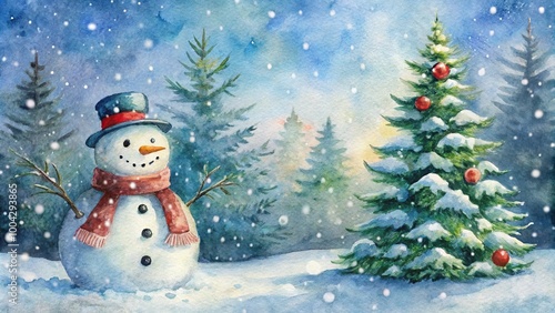 Medium shot watercolor painting of snowman with falling snow and Christmas trees in background