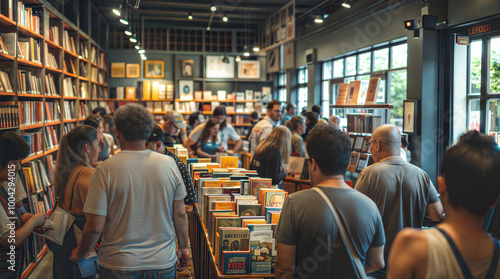 Crowded bookstore with diverse shoppers browsing shelves and reading