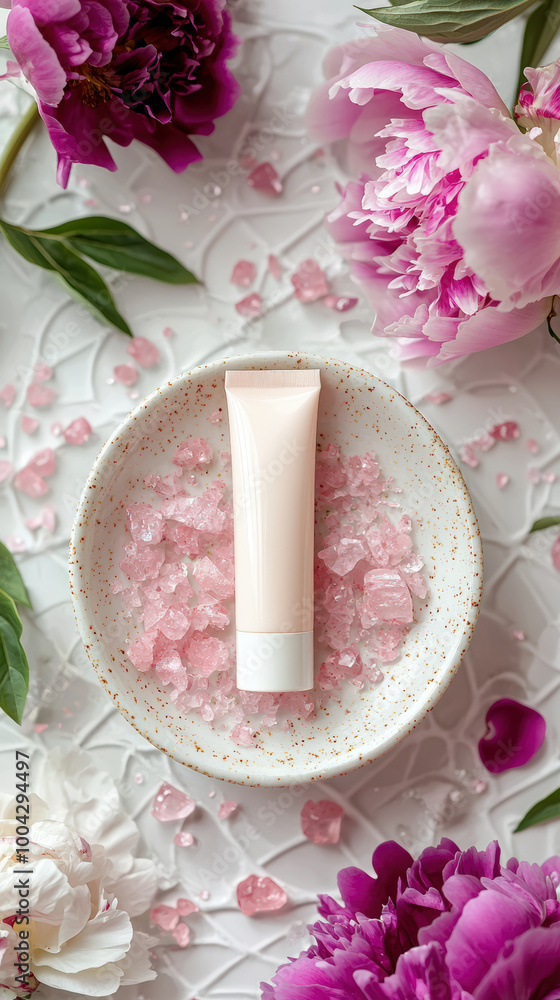 A tube of lip balm rests on pink crystal stones in delicate porcelain dish, surrounded by vibrant peonies. This serene arrangement evokes sense of beauty and tranquility A tube of lip balm rests on pink crystal stones in delicate porcelain dish, surrounded by vibrant peonies. This serene arrangement evokes sense of beauty and tranquility