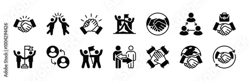 Business partnership flat icon vector set. Containing handshake, agreement, teamwork, team work together, cooperation, support, trust, friendship, confidence, deal, success, achievement, connecting