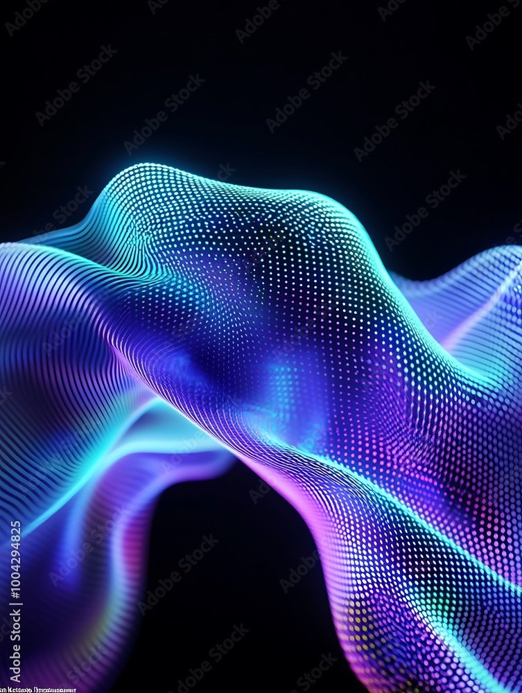 Abstract wave patterns in vibrant colors, showcasing a blend of blue and purple tones against a dark background. A minimalist poster in metallic and chrome gradient style. Abstract wave patterns in vibrant colors, showcasing a blend of blue and purple tones against a dark background. A minimalist poster in metallic and chrome gradient style.