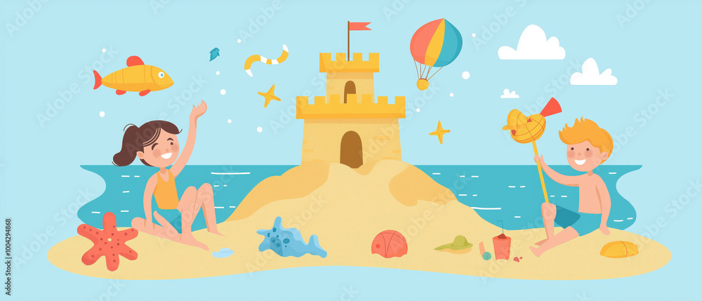 Two children build a sandcastle on a beach, enjoying the sunny day surrounded by colorful sea creatures and a playful atmosphere. Two children build a sandcastle on a beach, enjoying the sunny day surrounded by colorful sea creatures and a playful atmosphere.