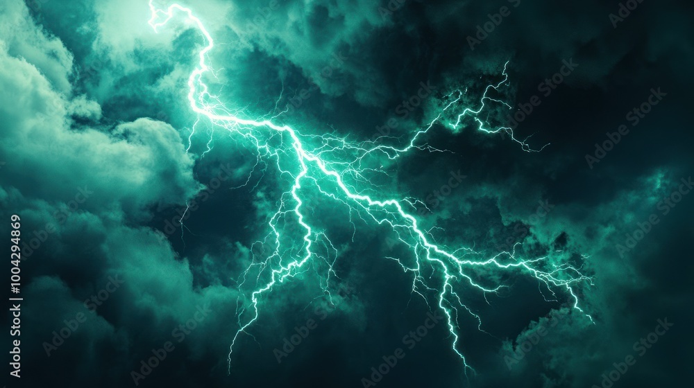 Bright green lightning bolt surging through dark clouds. Bright green lightning bolt surging through dark clouds.