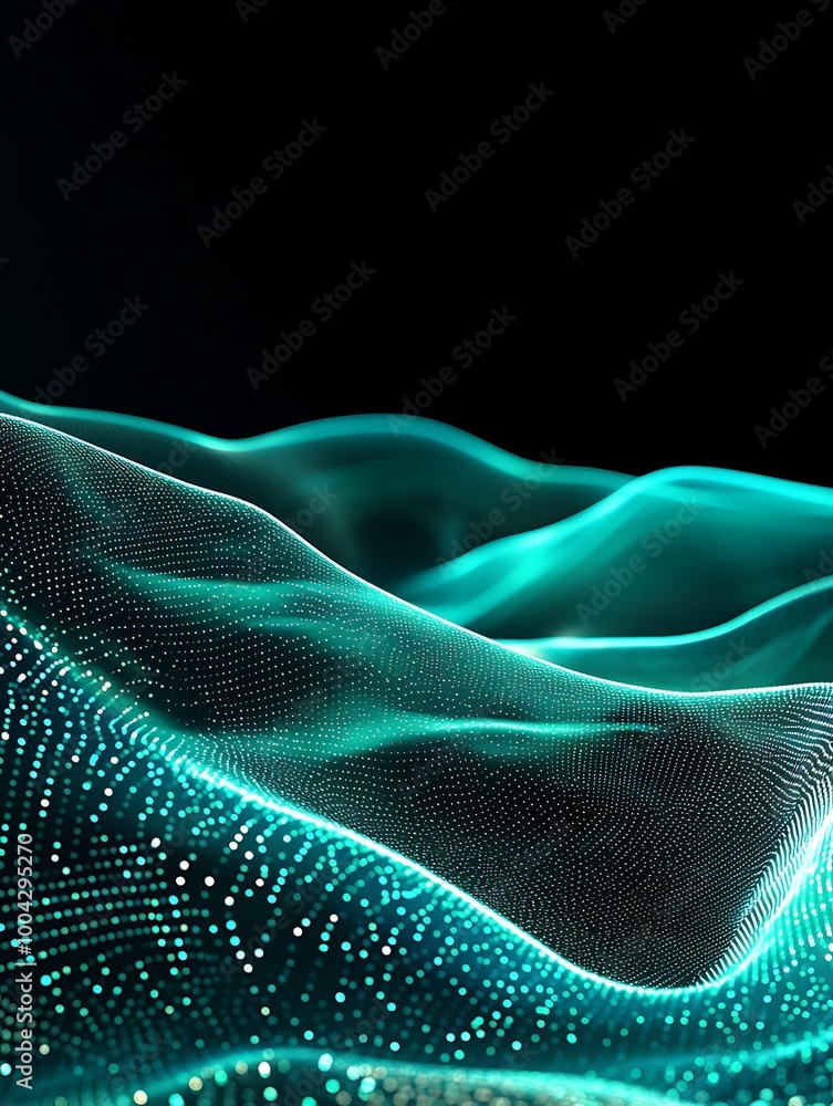 Obraz premium Abstract wave patterns with glowing turquoise lines on a black background. A minimalist poster in metallic and chrome gradient style.