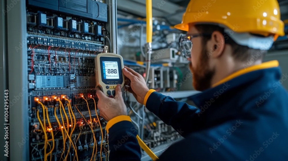 A technician in a safety helmet operates a testing device on electrical circuits in a control panel, showcasing a focus on electrical systems and diagnostics. A technician in a safety helmet operates a testing device on electrical circuits in a control panel, showcasing a focus on electrical systems and diagnostics.