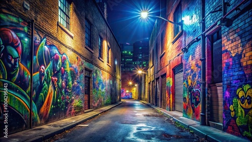 Minimalist abandoned street night colorful graffiti wall