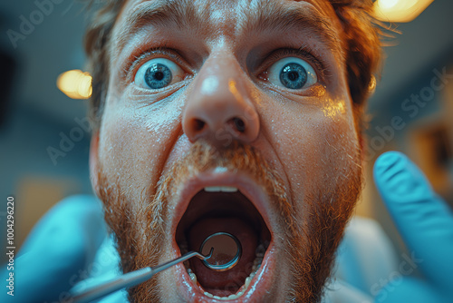 A dentist with a drill the size of a jackhammer, while the patient in the chair has an impossibly wide-open mouth and exaggeratedly terrified eyes. photo