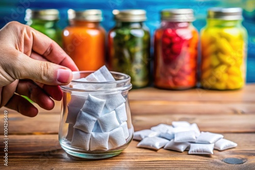 Hand Holding a White Snus Bag in Front of a Jar Filled with Various Snus Bags on a Table photo