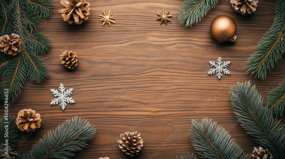 Festive holiday decor with pinecones and ornaments on wood Festive holiday decor with pinecones and ornaments on wood