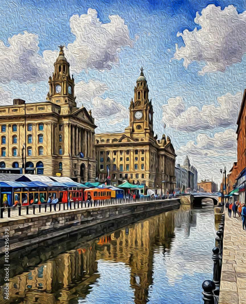 Fototapeta premium City Architecture. Oil painting. Printable pattern for wall decorations
