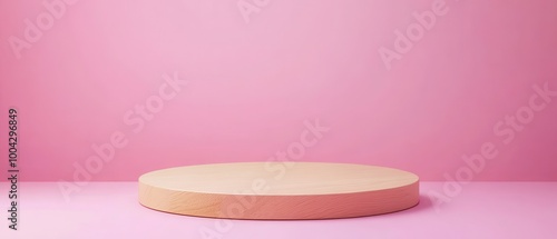 Wooden podium against a vivid magenta backdrop, showcasing elegance and modern design, ideal for presentations or displays.