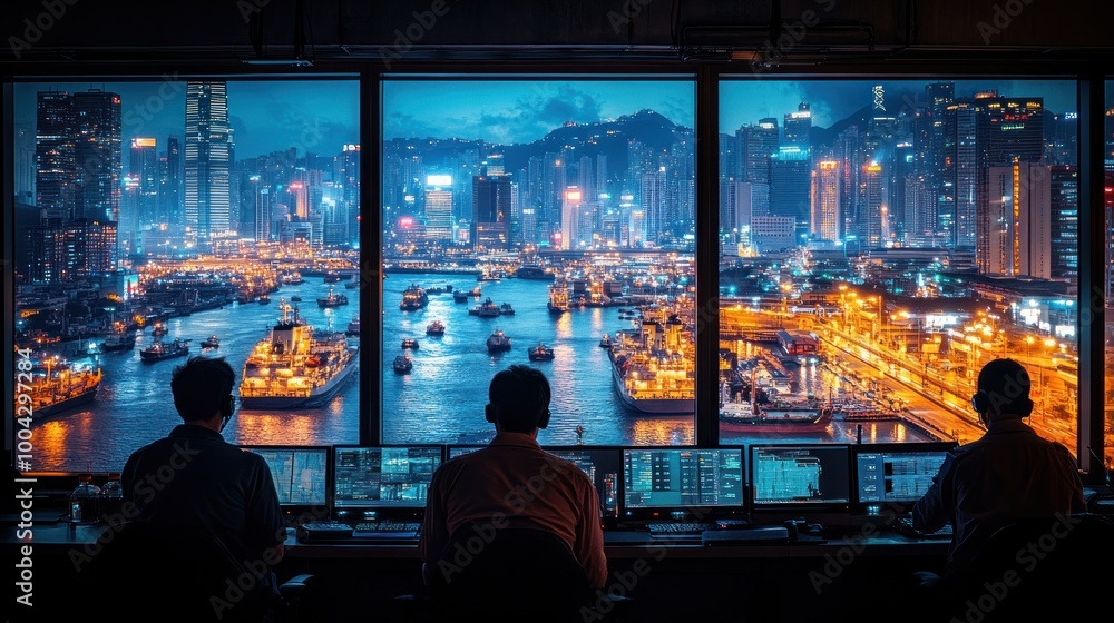 Night view of a cityscape with operators monitoring activities. Night view of a cityscape with operators monitoring activities.