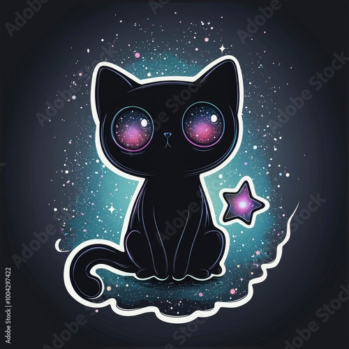 Cute Black Cat with Galaxy Eyes in Outer Space photo