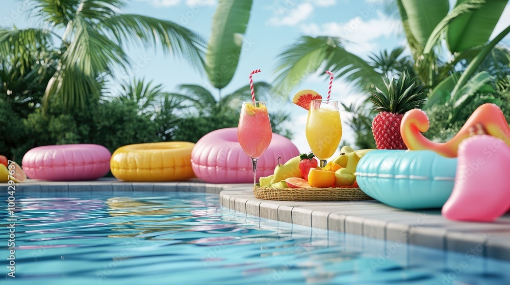 Poolside bar setup, with tropical drinks, fresh fruit platters, and bright inflatables floating in the pool, ready for a summer party. Poolside bar setup, with tropical drinks, fresh fruit platters, and bright inflatables floating in the pool, ready for a summer party.