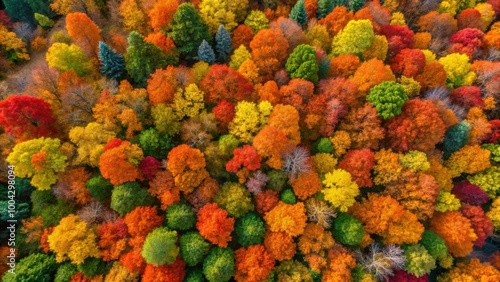 Vibrant Aerial View of Autumn Forest with Colorful Canopy Leaves in Orange Red Yellow