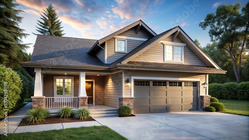 Minimalist craftsman house with compact garage and small modern porch on a wide-angle shot