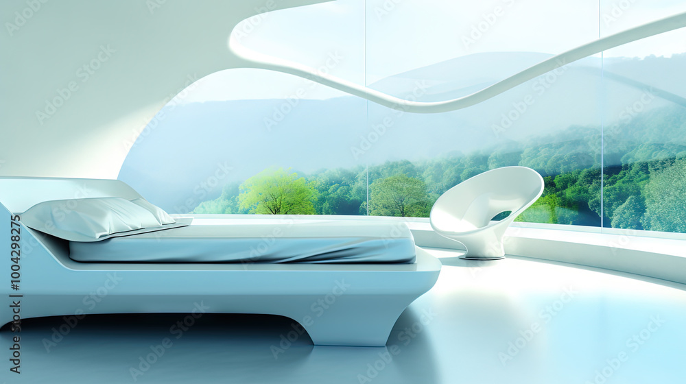 Bright white bedroom in futuristic style. Modern interior design of apartment or hotel room. Generated AI Bright white bedroom in futuristic style. Modern interior design of apartment or hotel room. Generated AI