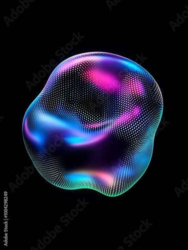 An abstract, colorful 3D shape with glowing patterns, set against a black background, ideal for creative designs. A minimalist poster in metallic and chrome gradient style.