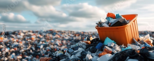 An overflowing landfill site with mountains of trash, visualizing the environmental impact of waste management photo