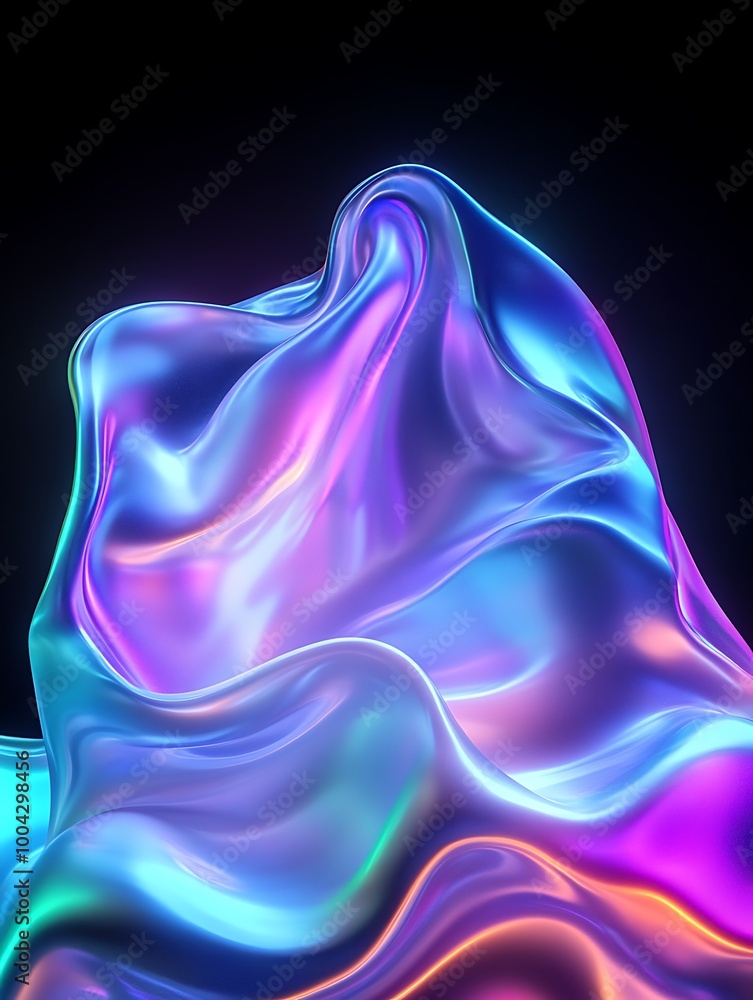 An abstract wave of colorful, flowing material with illuminated effects, set against a dark background. A minimalist poster in metallic and chrome gradient style. An abstract wave of colorful, flowing material with illuminated effects, set against a dark background. A minimalist poster in metallic and chrome gradient style.