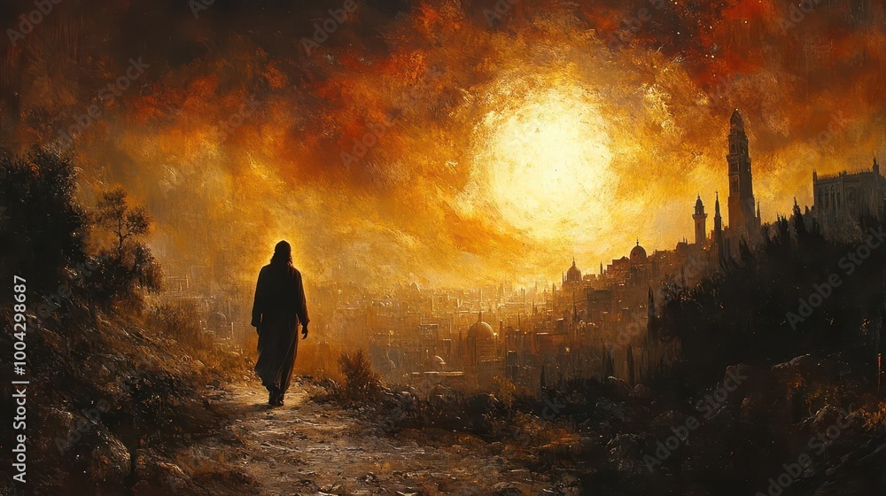 Fototapeta premium revelation of jesus christ depicted in a stunning backdrop of ancient jerusalem capturing the essence of biblical history with rich textures and warm colors evoking a sense of spirituality