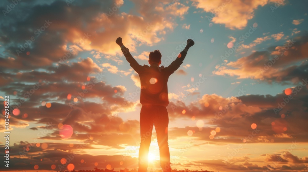 Silhouetted Person with Arms Raised During Dramatic Sunset Sky Silhouetted Person with Arms Raised During Dramatic Sunset Sky