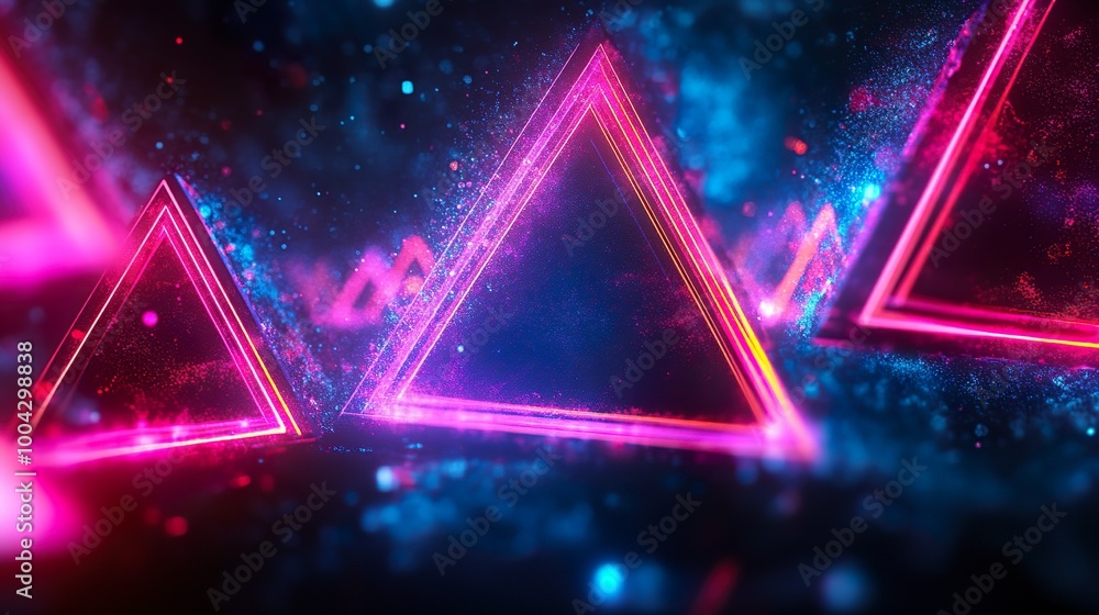 Vibrant Neon Triangles Rotating in Dark Digital 3D Environment Vibrant Neon Triangles Rotating in Dark Digital 3D Environment