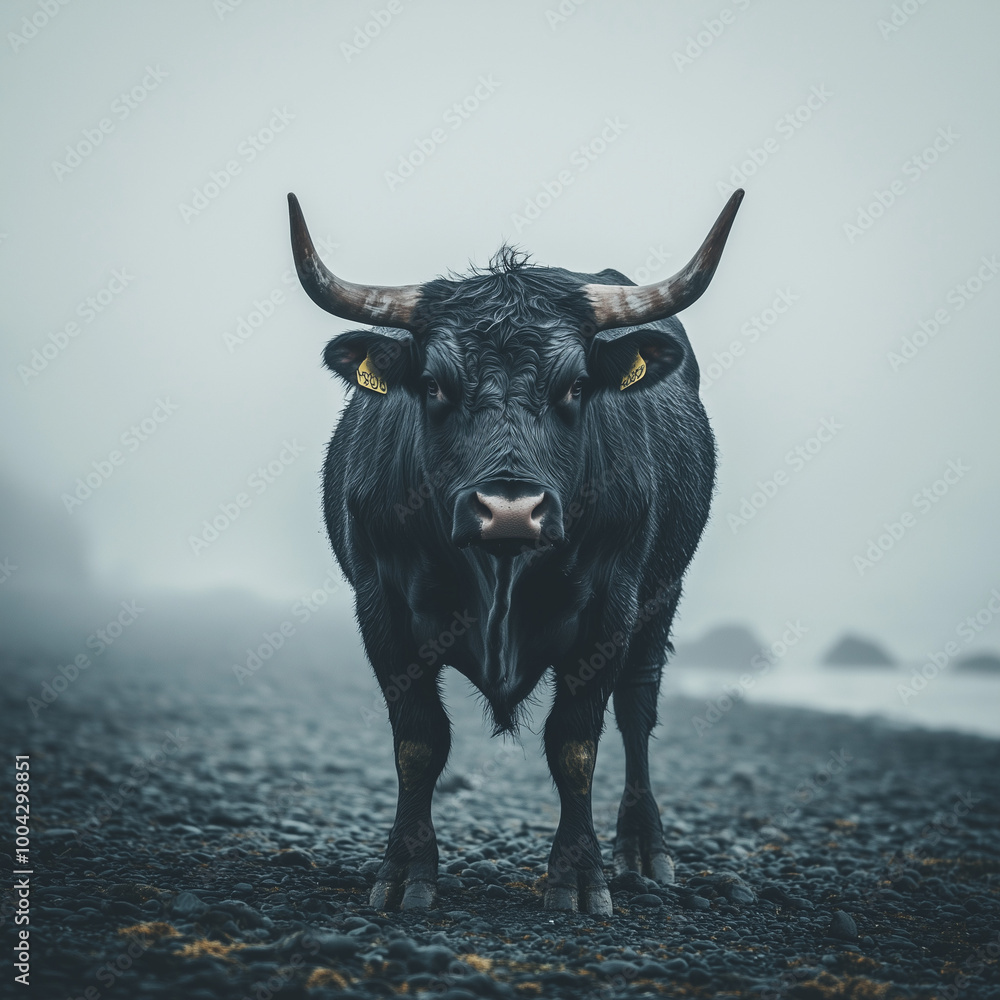 black bull standing at the black stone beach black bull standing at the black stone beach