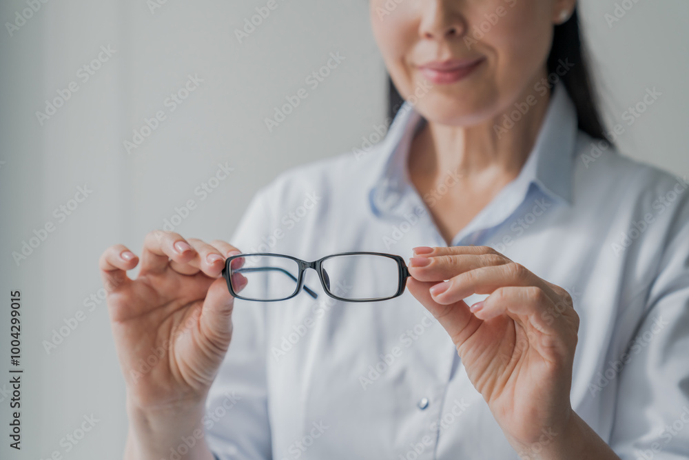 Cropped image of attractive young female doctor with eyeglasses in hands at ophthalmology clinic Cropped image of attractive young female doctor with eyeglasses in hands at ophthalmology clinic