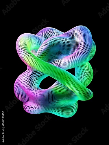 Colorful abstract 3D shape with intertwining curves on a black background. A minimalist poster in metallic and chrome gradient style.