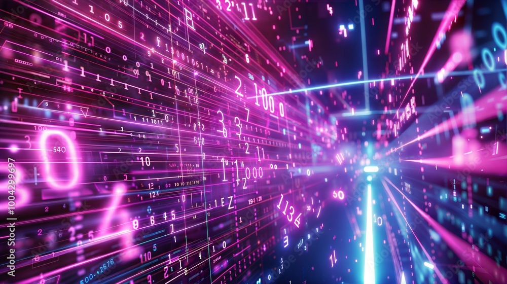 Naklejka premium Futuristic digital data stream with glowing neon numbers and abstract cyber patterns