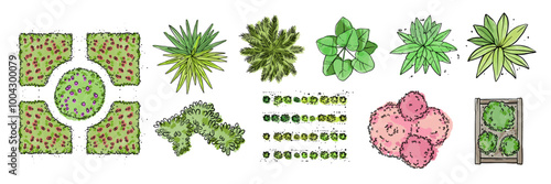 Watercolor bush icon set top view, hand drawn flower bed vector green architecture map design kit. Garden park plants sign, nature environment plan, landscape layout object. Flat bush top clipart