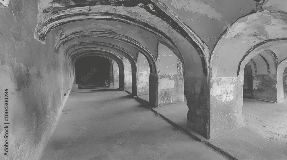 Obraz premium Black and White Architectural Arched Corridor with Rustic Texture