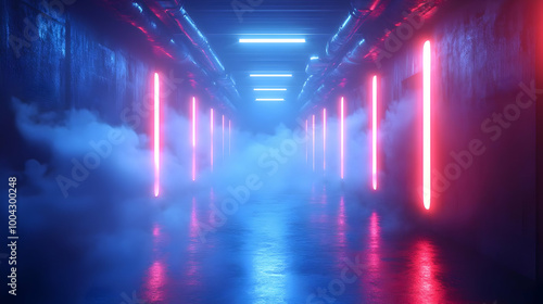 Futuristic Neon Lights Corridor 3D Illustration