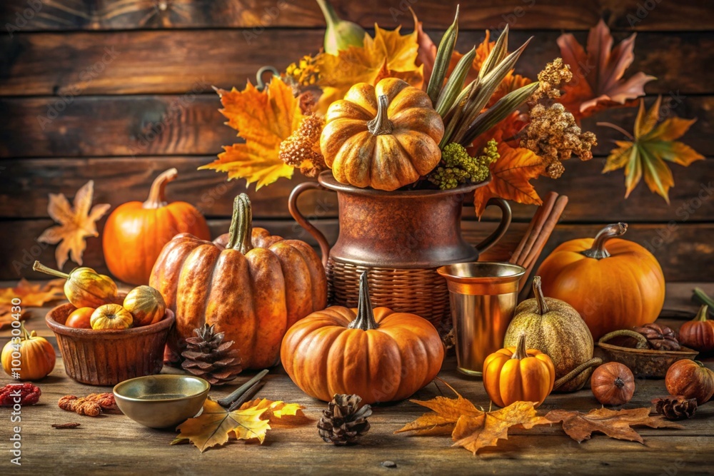 Pumpkins and autumn leaves at the wooden background Pumpkins and autumn leaves at the wooden background