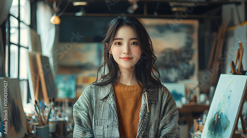 A young woman stands confidently in her art studio, surrounded by paintings, brushes, and creativity, showcasing her artistic passion.