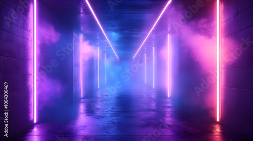 Neon Lights and Smoke in a Concrete Corridor 3D Illustration