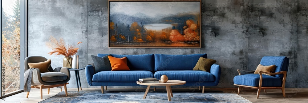A modern living room featuring a blue sofa, stylish chairs, and an artistic painting that enhances the cozy ambiance. A modern living room featuring a blue sofa, stylish chairs, and an artistic painting that enhances the cozy ambiance.