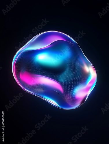 Colorful abstract fluid shape with glowing effects on a dark background, perfect for modern design projects. A minimalist poster in metallic and chrome gradient style.