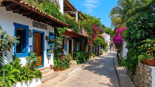 Charming Tropical Street with Whitewashed Houses and Lush Greenery