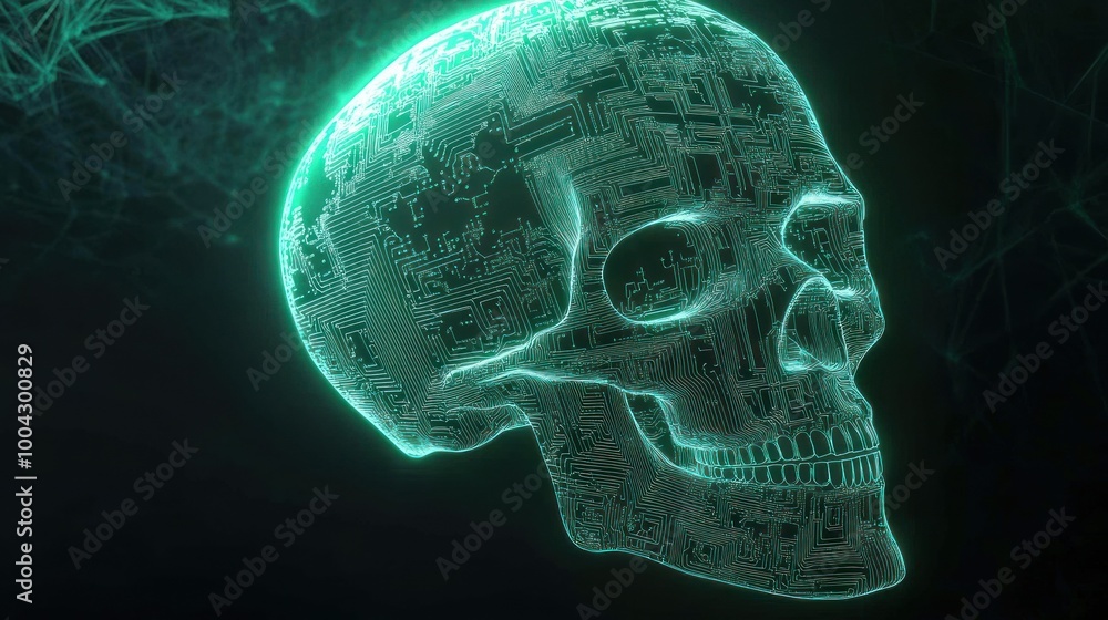 High-tech digital skull with green circuit patterns High-tech digital skull with green circuit patterns