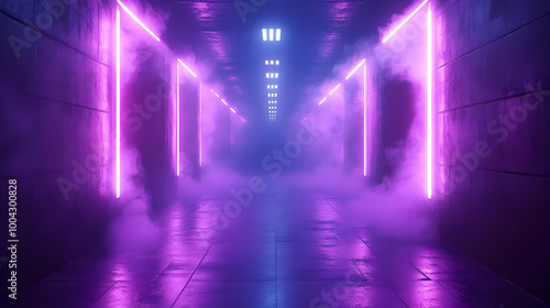 Neon Lights in a Dark Corridor 3D Illustration