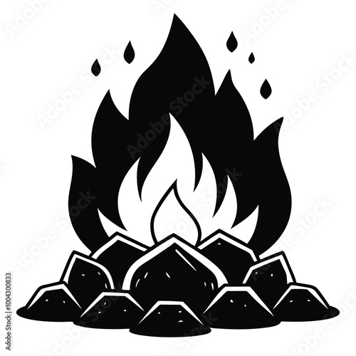 A black and white drawing of a fire with a pile of rocks on the background