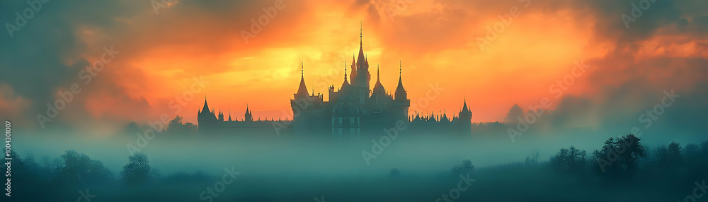 Naklejka premium A Silhouetted Castle Stands Tall Against a Dramatic Orange Sunset Sky, Enveloped in a Mystical Fog, Creating a Breathtaking Scene of Majesty and Enchantment.