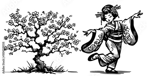 graceful geisha dancing beside a blooming cherry tree