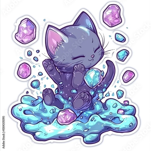 Cute Cartoon Cat Surrounded by Crystals