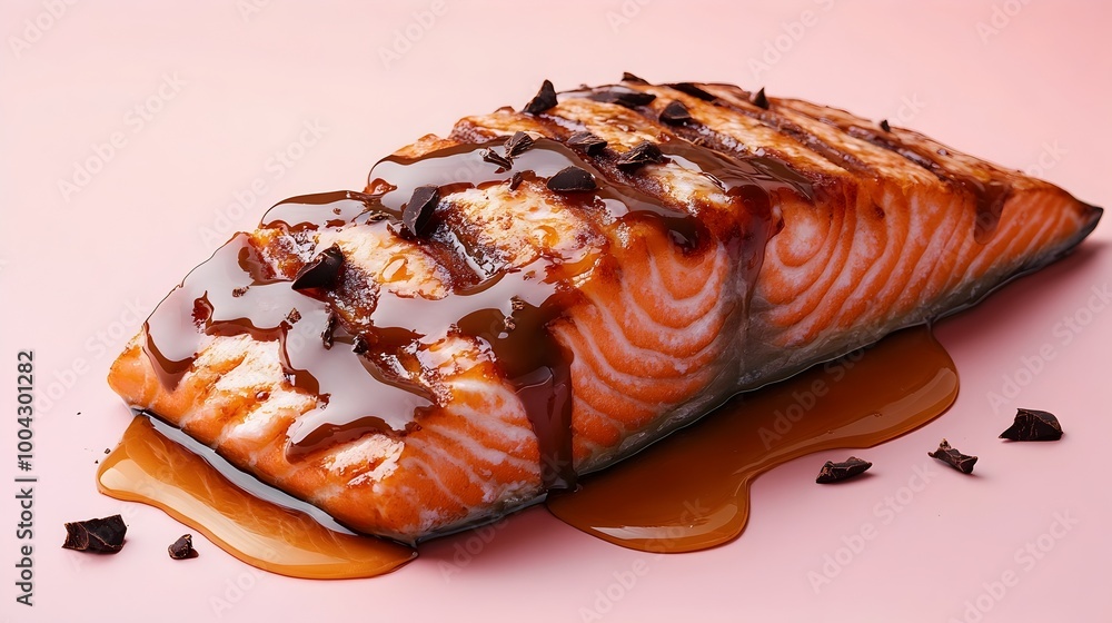 Baked Salmon with Honey and Chocolate Glaze on Plain Pink Background in Anime Style Baked Salmon with Honey and Chocolate Glaze on Plain Pink Background in Anime Style