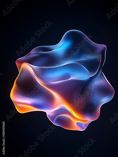Colorful abstract shape emitting vibrant light on a dark background. A minimalist poster in metallic and chrome gradient style.