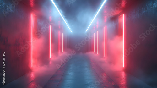 3D Render of Neon Glowing Lights in a Futuristic Corridor